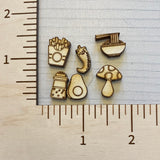 Food studs, ramen, avocado, salt, pepper, mushroom, French fries